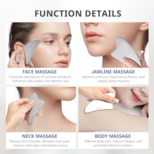 AIRSEE Gua Sha Facial Tools, Stainless Steel Gua Sha Board, Tighten Skin Massage, Beauty Tool for Body Eyes Neck Metal Massager with Travel Pouch Skin Care Gifts (Silver)