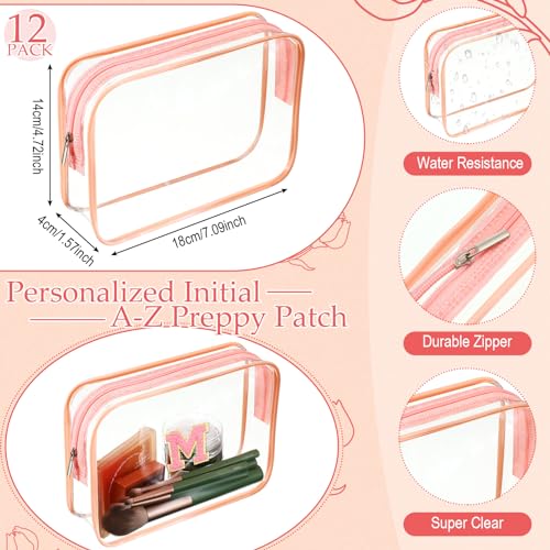 12 Personalized Initial A-z Preppy Patch Clear Makeup Bag Initial Letter Beach Travel Toiletry Cosmetic PVC Bag DIY Chenille Letter Patches Easter Exchange Gifts(Pink, Pink Letters)