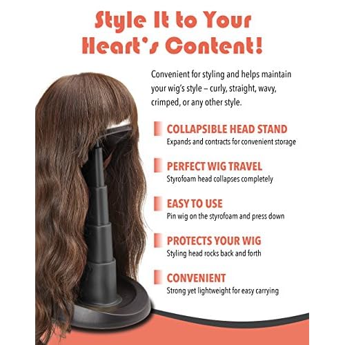 Adjustable Wig Head for Travel and Salon - Black Stand, Styrofoam Head, Collapsible Compact Stand Expands for Long and Short Wigs - by Adolfo Design