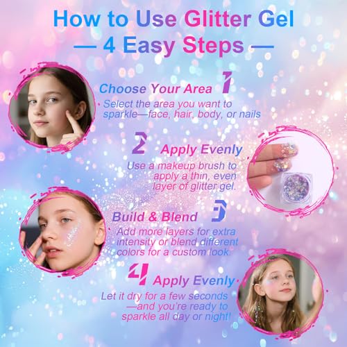 Glow in The Dark Face & Body Glitter Gel ? 12 Colors Chunky Holographic Glitter for Hair, Body, Festival, Party, Rave Makeup, Washable Cosmetic Glitter for Women, Teens, Kids, Halloween