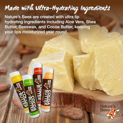 Nature's Bees Cocoa Butter Lip Balm, Lip Care for Dry Lips, Coconut Oil, Beeswax, Vitamin E, Aloe, & Shea Butter, 0.15 oz Each, 3 Flavors Coconut, Cherry, and Mint, 24 Pack - Packaging May Vary