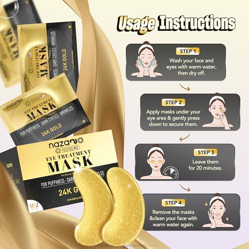 102 Pcs 24K Gold Under Eye Patches for Puffy Eyes, Dark Circles, Bags & Wrinkles with Sodium Hyaluronate - Eye Care Pads for Daily Skincare