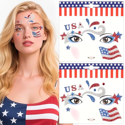 4th of July Face Gems, Fourth of July Celebration Face Jewels, Patriotic Tattoo with USA Flag Stars Designs, Sparkle Glitter Red Blue Silver for Independence Day, Parades, Parties 2 Sheets (style1)