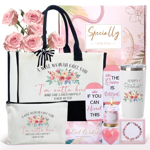 Happy Retirement Gifts for Women, Thank You Gifts Bag Basket for Mother Coworker Teacher Nurse Boss Friend Grandma Retirees Female Retired Gift with Canvas Tote Bag Tumbler Socks