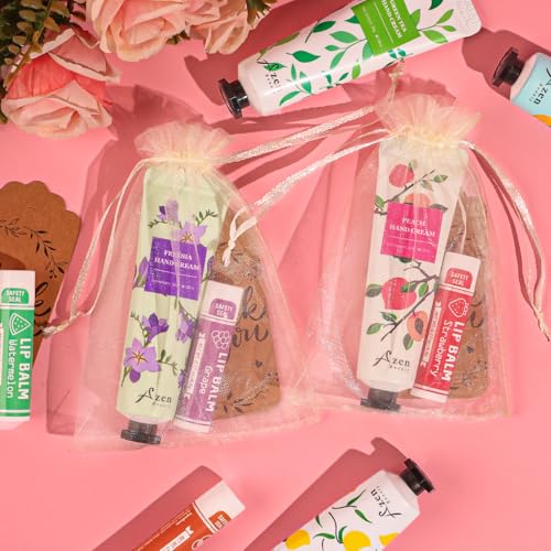 AZEN 120 Sets Bulk Gifts, Hand Cream and Lip Balm Bulk Set with Organza Bag Thank You Card, Baby Shower Wedding Gifts for Guests, Bridal Wedding Favors, Valentines Gifts for Women