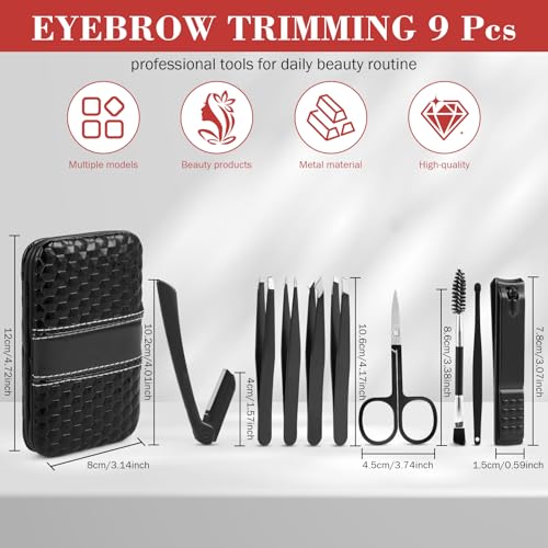 Tweezers Set, Hyxhappy 9 pcs Professional Stainless Steel Tweezers Kit for Facial Hair, Precision Plucker Eyebrow Tweezer Kit with Luxurious Travel Case as Stocking Stuffers Gifts for Women/men