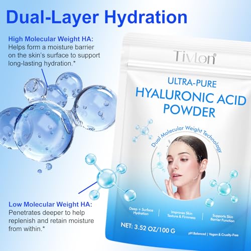 2 Pack 2-in-1 Hyaluronic Acid Powder ? High Molecular Weight for Moisture + Low Molecular Weight for Hydration, Cosmetic-Grade DIY Skincare Ingredient for Serums, Masks & Lotions, 7.6oz