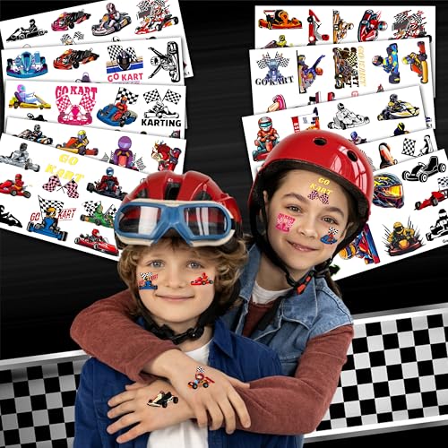 100 PCS Go Kart Car Temporary Tattoos Themed Birthday Party Decorations Favors Supplies Decor Karts Race Car Checkered Flag Racing Tattoo Stickers Gifts For Game Boys Girls Classroom School Prizes