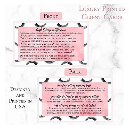 Boutique Marketing LLC Lash Extension Aftercare Instructions Card | 100 Pack | Size 3.5x2 inches After Care (2-3 Week Fillers) | False Lash print with Bubbly Pink Inlay Design (Lash Extension