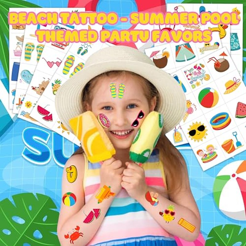 96PCS Beach Pool Temporary Tattoos ? Summer Vacation Theme Birthday Party Decorations, Fun Water Play Stickers for Kids Boys Girls, Party Favors, School Gifts & Rewards