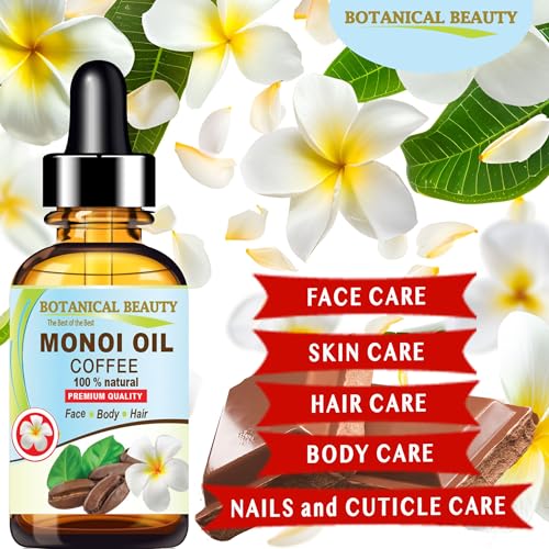 Botanical Beauty MONOI OIL COFFEE. Frangipani flowers in Coconut Oil with Coffee aroma. 100% Natural Pure for FACE, SKIN, BODY, HAIR, NAILS. Luxury Beauty Oil (1 Fl Oz 30 ml)