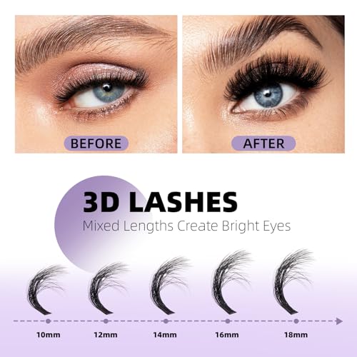 B&Q Volume Lash Clusters Kit 280PCS Lash Extension Kit Thick 3D Wispy DIY Eyelash Extension Set with Individual Lashes, Lash Bond and Remover,Tweezers(150D)