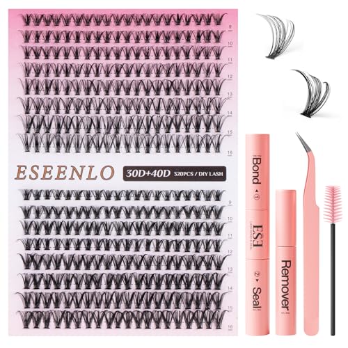 Lash Extension Kit, 320pcs DIY Eyelash Extension Kit 9-16mm Mix, 30D 40D Curl Individual Lash Clusters with Bond, Seal, Remover and Tweezers