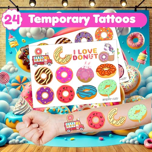 36PCS Donut Party Favors - 24PCS Temporary Tattoos & 12PCS Stamps - Ideal Sweet Doughnut Themed Birthday Card Decorations Supplies Goodie Bag Cute Rewards for Boys Girls Classroom Gifts Baby Shower
