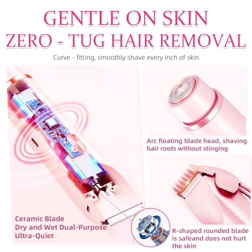Bikini Trimmer for Women, 2 in 1 Electric Razors for Women, Dermave Bikini Shaver, IPX7 Waterproof & Easy Cleaning, Ceramic Blade, 120 Min Cordless Runtime, Ultra Low Silent (Pink).