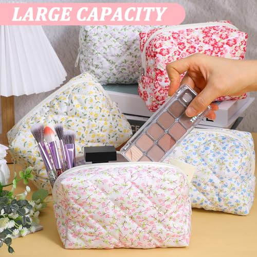 5 PCS Makeup Bag Quilted, Floral Makeup Bags Bulk with Zipper Quilted Cosmetic Bag Cosmetic Pouch Flower Cute Pouches for Cosmetics, Pens and Portable Travel Toiletries-5 Styles
