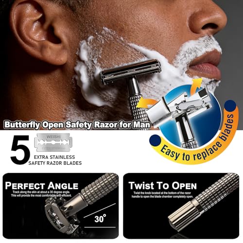 WEISHI Butterfly Open Double Edge Safety Razor for Men, Nostalgic Long Handle with 5 Stainless Razor Blades, Reusable Wet Shave Tool for Smooth, Close Shave
