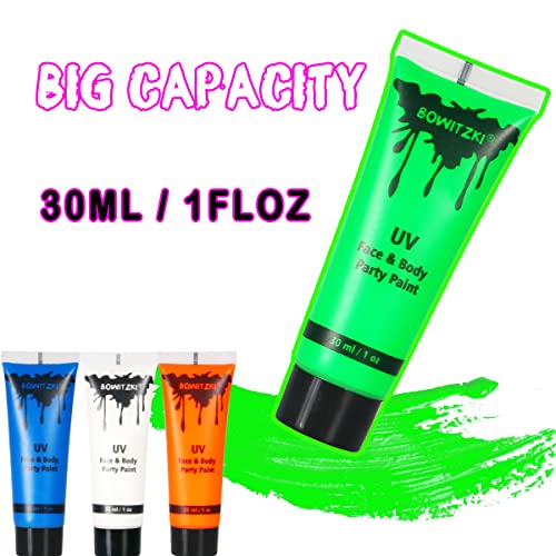 Bowitzki UV Neon Face and Body Paint 8 x 30ml /1 oz Liquid Large Kit Black Light Glow in the Dark Makeup Set Fluorescent Painting for Adults Music Festivals Party Halloween Christmas