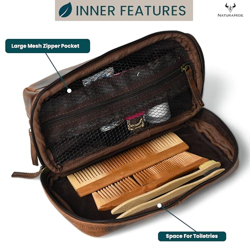 Leather Toiletry Bag ? Full Grain Cowhide, Travel Kit with Brass Zipper & Wax Thread Stitching Capacity 1L