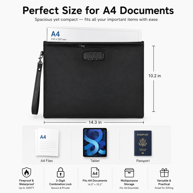 Fireproof Waterproof Document Bag with Lock, A4 Size, Travel & Office Storage