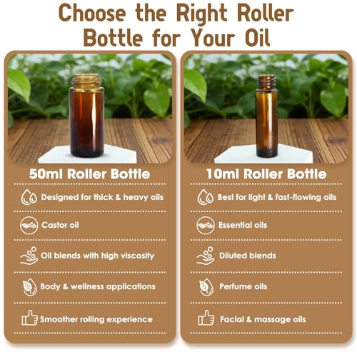 2Pack Green Aventurine Roller Bottles for Essential Oils, 50ml Refillable Amber Glass Roll On Bottles with Natural Crystal Roller Balls, Leak-Proof Travel Perfume Bottle with Gold Caps