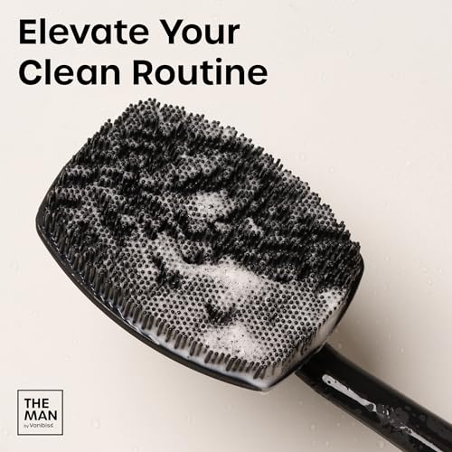 The Man Silicone Back Scrubber for Men - 18.5¡± Shower Brush with Long Handle for Back & Body - Exfoliates, Clears Pores & Prevents Breakouts - Hygienic Body Washer with Hook