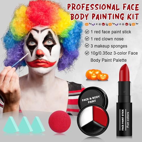 Halloween Joker Clown Makeup Kit, White Black Red Face Body Paint with Red Clown Nose, Professional Halloween SFX Cosplay Makeup Kit for Adults