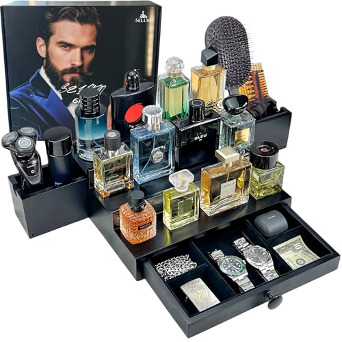 Classic Wooden Cologne Organizer for Men 3 Tier | Black Perfume Holder Shelf for Dresser | High Grade Velvet Lining and Stylish Gift Box | Uncluttered Design Perfume Display Stand