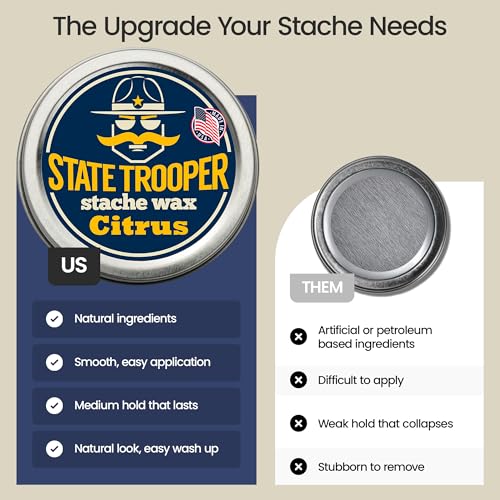 State Trooper Mustache Wax for Men ? Medium Hold with Beeswax, Coconut Oil & Lanolin ? Natural Moustache Grooming & Styling Wax with Citrus Scent - Nourishing Conditioner & Sculpting