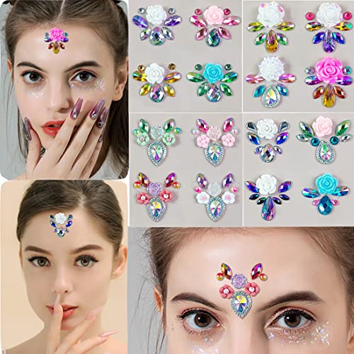 16 Clors Rainbow 3D Rhinestone Crystal Tattoo Sticker Eyebrow drill Glitter Eyeliner Eyebrow Makeup Face Eyes Diamond Temporary Tattoo for Women Festival Accessory DIY Decorations