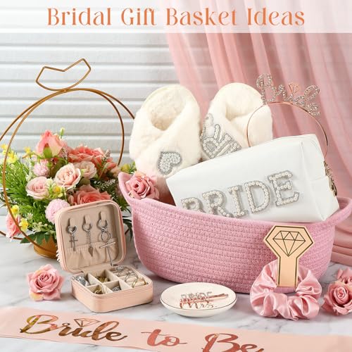 Baderke 17 Pcs Bride to Be Gift Basket for Bridal Shower, Bridal Box with Basket, Makeup Bag, Slippers, Headband, Sash, Mrs Ring Dish, Jewelry Box and More for Wedding Engagement Gift(Pink)