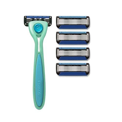 Preserve POPi Shave 5 Razor System Made with Recycled Ocean Plastic, Neptune Green - 5 Blade Razor with 4 Replacement Cartridges