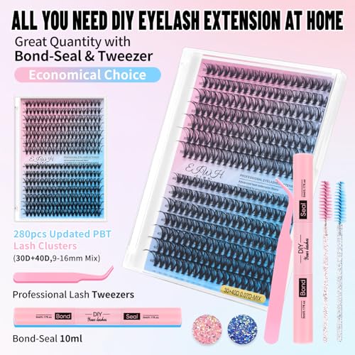 DIY Lash Extension Kit Volume Lash Clusters 30D+40D D Curl Individual 280 pcs Lashes Lash Clusters Kit Thick Eyelash Extension Kit Lash Bond Seal Lash Tweezers (300D&40D, Lash Kit)