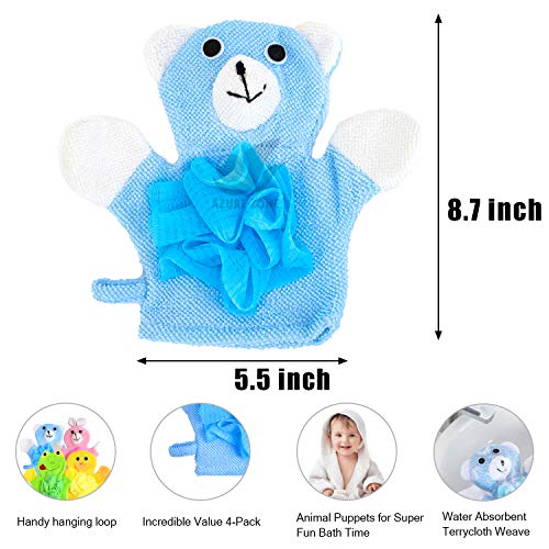 Azure Zone, 4 Pack Cartoon Hand Puppet Bath Wash Mitt Towel with Animal Designs for and Shower