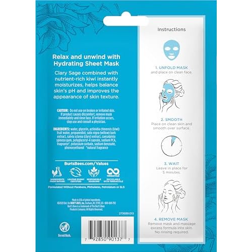 Burt's Bees Hydrating Face Mask with Clary Sage, Single Use Sheet Mask, 6 Count (Package May Vary)