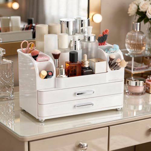 Large Makeup Organizer Countertop with Drawers, Make Up Organizer for Vanity, Makeup Storage Organizer Countertop Makeup Organizers for Skincare, All White