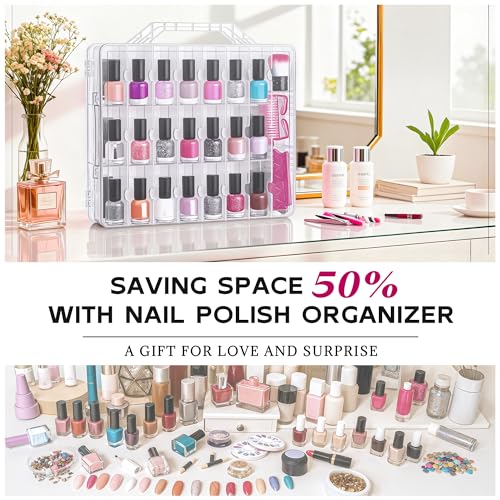 DreamGenius Nail Polish Organizer Case for 48 Bottles with 2 Nail Separators, Double Side Gel Nail Polish Holder with Adjustable Dividers, Clear