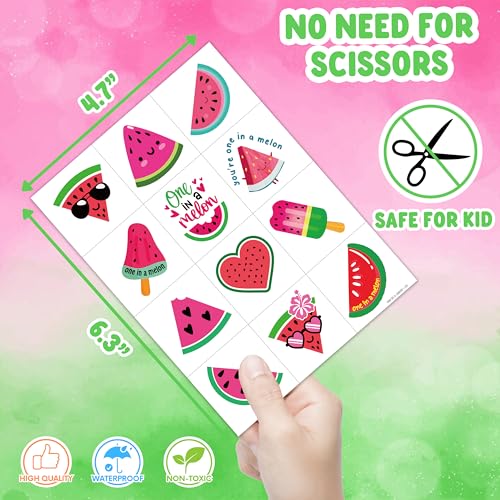 Melon Pre-Cut Temporary Tattoos 8 Sheets 96PCS Watermelon One First Party Decorations Supplies Favors First Summer Theme Birthday Stickers Christmas Gifts for Boys Girls Class School Prizes Carnival