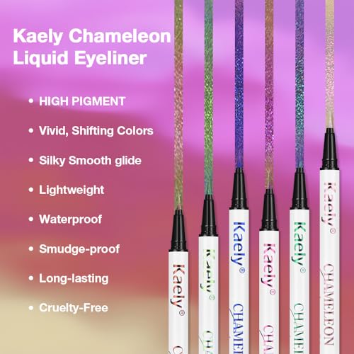 Kaely Chameleon Liquid Eyeliner, Glitter Metallic Chrome Eyeliner Liquid, Multichrome Eye Liner Waterproof Smudge Proof, High-Pigmented Makeup Looks, Quick-Drying, Cruelty-free, 04 Purple