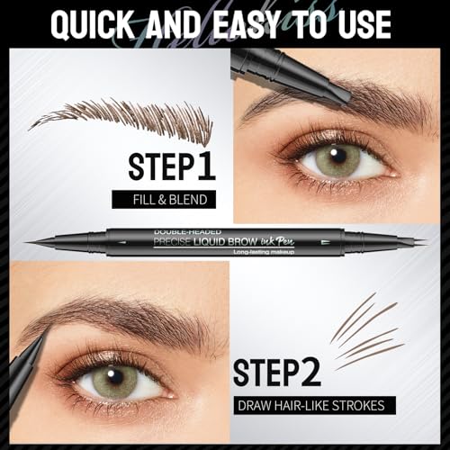 Eyebrow Pencil, Eyebrow Pen with Double-Brush Tip 2-in-1 Eyeliner Dual-Ended Microblading Long Lasting Waterproof Hair-Like Brow Pencil with Eyebrow Brush (Black)