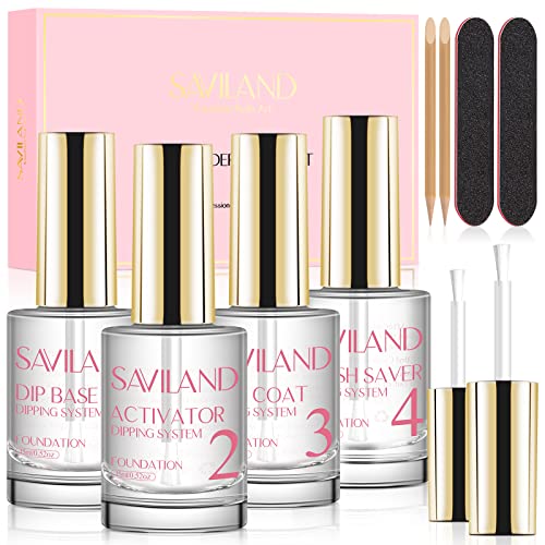 Saviland 60g Clear Dip Powder & 15ml Liquid Set with Base/Top Coat, Activator, Brush Saver, Nail File Necessary Tools for Dip Powder Nail Set No Nail Lamp Needed, Beautiful Gift for Ladies
