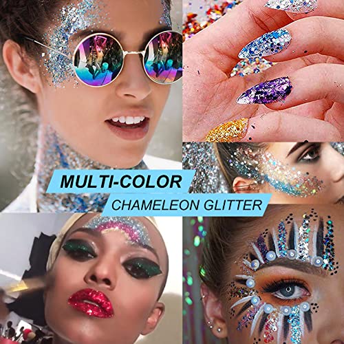 Green Gold Face Body Hair Glitter Gel for St. Patrick's Day Mardi Gras Festival Rave Accessories, Long Lasting Holographic Chunky Mermaid Sequins Glitter Gel Makeup for Women Men, 1oz