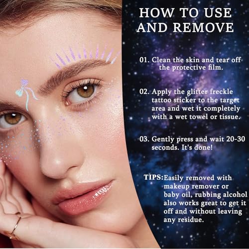 40pcs Glitter Freckles Face Tattoo, Holographic Face Glitter Sparkle Freckles Temporary Tatttoos for Women Girls, Waterproof Fake Freckles, Festival Rave Outfits Festival Decorations (Holographic)