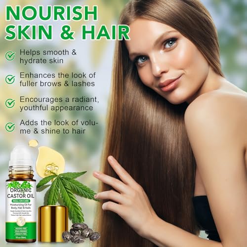 Acorn + Oak Organic Castor Oil 1 fl.oz,100% Pure Cold Pressed for Hair Growth, Eyebrows & Eyelashes ? Natural Moisturizer for Skin & Nails ? Roll-On Glass Bottle, Multi-Purpose Care