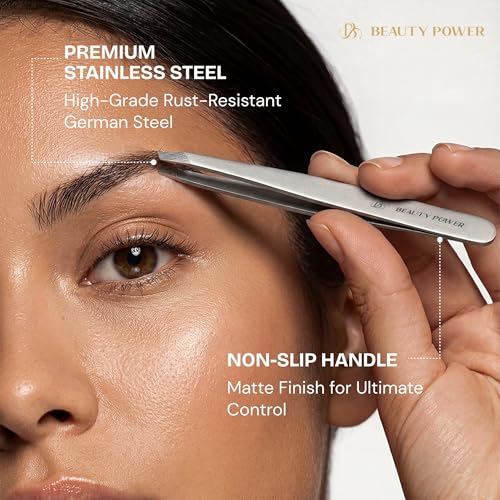 Professional Tweezers in Case - Slant, Durable Lightweight German Stainless Steel, Ultra Precision Tweezers for Eyebrows, Facial Hair, Chin, and Ingrown Hair Removal - Gift Idea - Gray