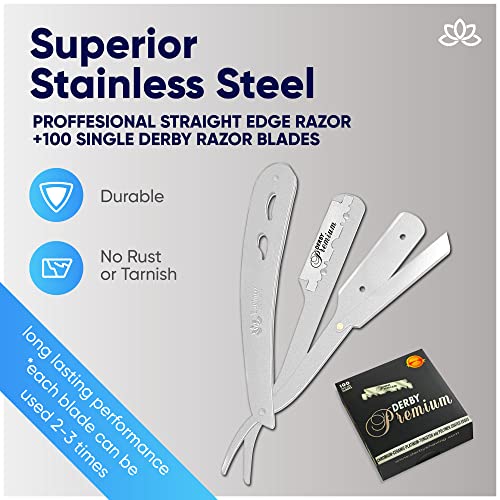 Equinox Professional Straight Edge Razor with 100 Single Derby Straight Razor Blades and Professional Hair Cutting Scissors