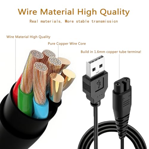 USB Charger Cord for Hatteker, 5FT Black Charging Cable Fit for RFC-588 RFC-598 RFC-690 RFC-692 RFC-696 RSCX-7568 RSCX-9598 Beard Trimmer & Shaver Razor Replacement Power Cord(2 Pack)