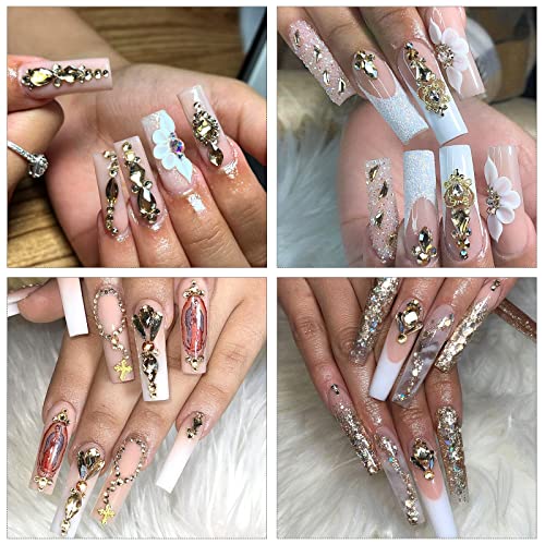 Gold Rhinestones for Nails Champagne Nail Gems Diamonds-7220Pcs Nail Crystals Jewels-Nail Charms Accessories for Nail Decoration(14 Different Shape+ 6520 Round Gold Nail Stones+Wax Pen)