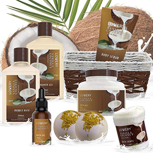 Gifts For Women Gift Basket for Women? 9 Piece Set of Vanilla Coconut Home Spa Set, Luxurious Gifts for Her, Bath and Body Sets Includes Fragrant Lotions, Large Bath Bombs, Coconut Oil