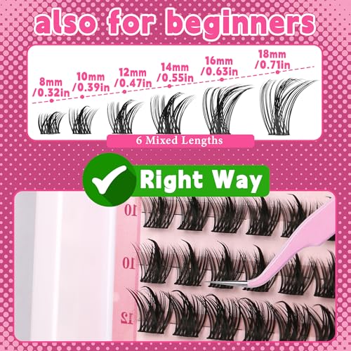 144 PCS Lash Clusters, 8-18mm Mixed Length Individual Cluster Lashes, C/D Curl Wispy Eyelash Extensions, Lightweight & Reusable DIY Lashes for Beginners, Natural to Dramatic Look